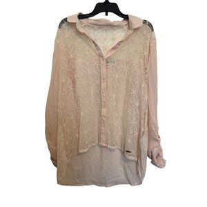 Abercrombie & Fitch Womens Lace Button-Up Blouse M Pink Sheer Long Sleeve